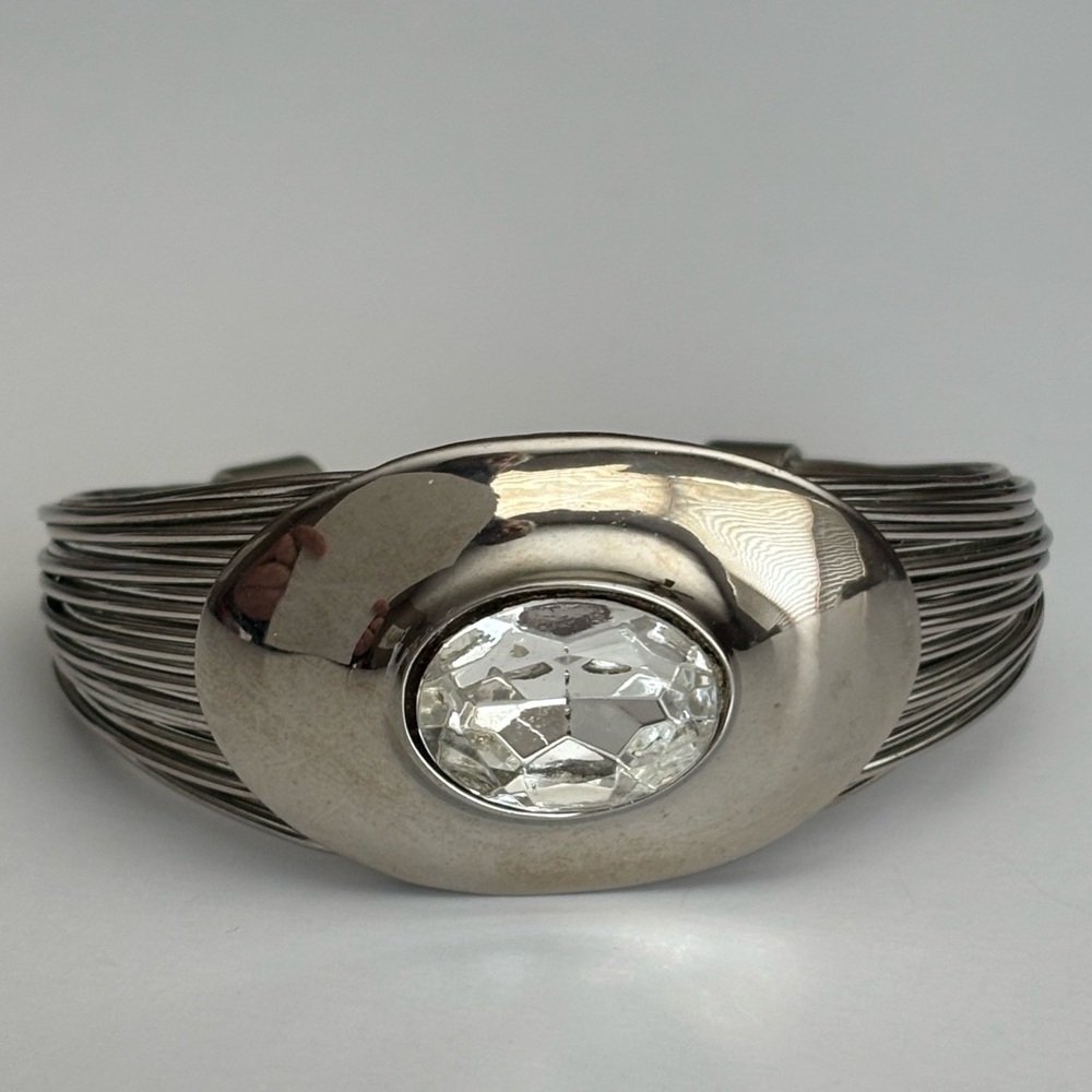 Statement Silver Cuff Bracelet Rhinestone Wide Wire Open Cuff